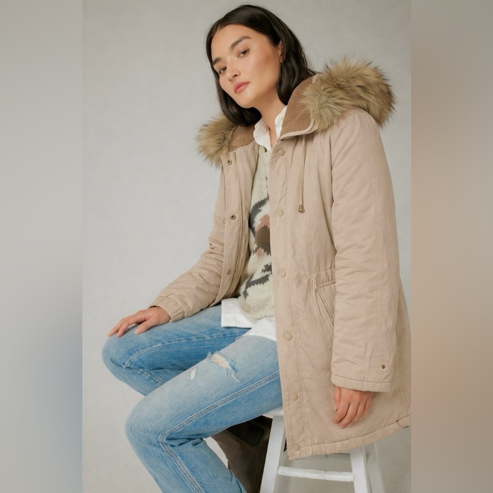Fitz-Wright Winter Coat Jacket Parka Tan Cream Fur Hood L